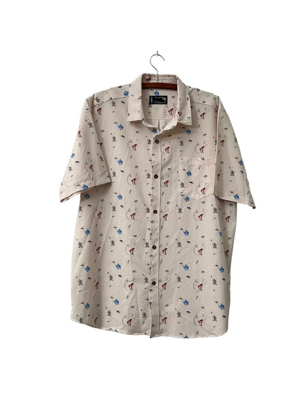 Straight Down Beige Fishing Salmon Lyre Print Short Sleeve Button Shirt XL